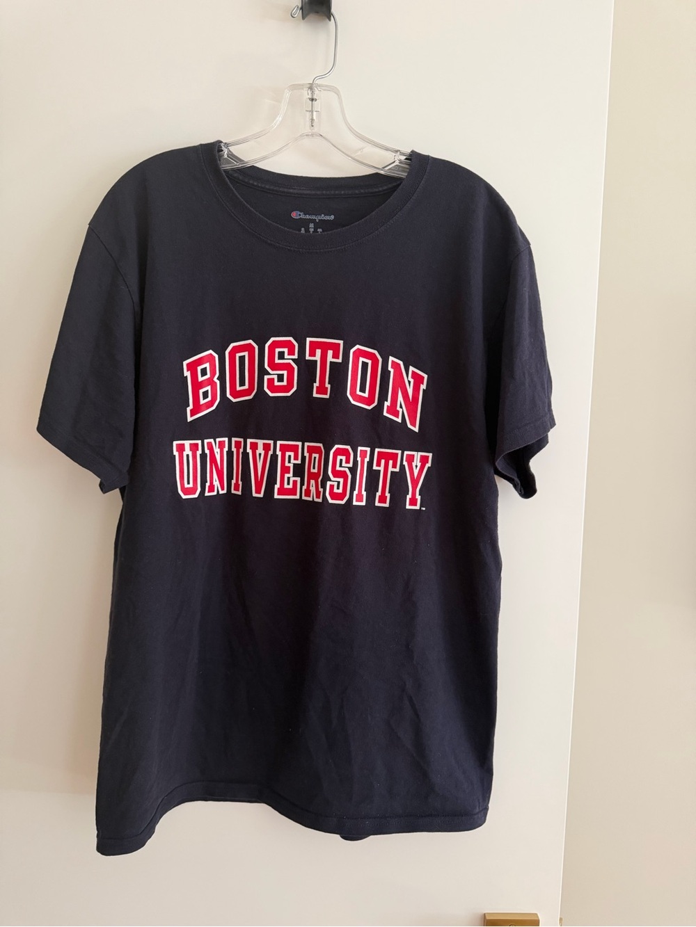 Champion Navy Boston University Graphic Tee with Red White Lettering